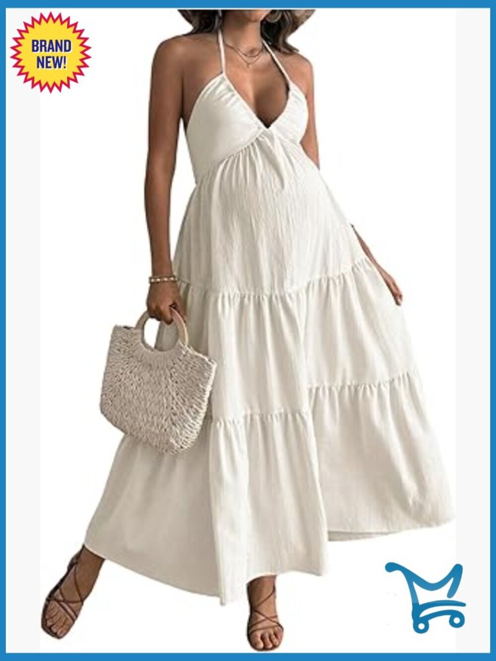 Maternity Halter Maxi Dress V Neck Tie Backless Flowy Beach Summer